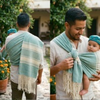 rebozo artesanal de oaxaca. rebozo para cargar bebés. 2.50mts. Fular porta bebé artesanal tipo rebozo mexicano en color verde menta y blanco, tejido en telar con rapacejo tradicional, utilizado por un papá para el porteo seguro y ergonómico de un bebé.
