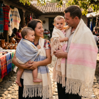 rebozo artesanal de oaxaca. rebozo para cargar bebés. 2.50mts. Una familia sonriente en un mercado artesanal al aire libre. Una mujer sostiene a un bebé envuelto en un rebozo azul y blanco, mientras un hombre carga a una bebé envuelta en un chal rosa y blanco con flecos. Pareja vistiendo rebozos artesanales tradicionales con flecos tejidos a mano en un mercado. El rebozo de la izquierda es blanco con detalles azules y el de la derecha es blanco con franjas rosas, usados para cargar a sus bebés.