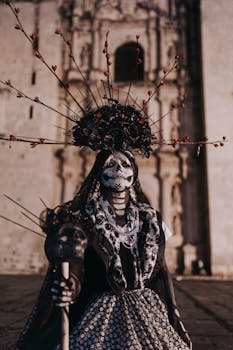 Woman in traditional Day of the Dead attire in Oaxaca, Mexico.