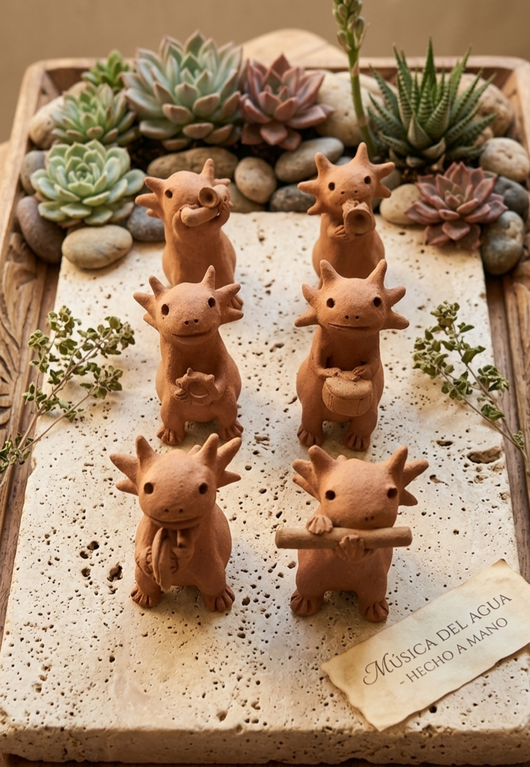 Ajolotes de barro músicos. Recuerdos originales del Mundial México 2026. Piezas Artesanales personalizadas para el Mundial México 2026 - Artesanías Arely