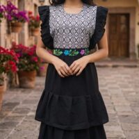 vestido artesanal de rayón con pechera en telar de pedal y bordado a mano