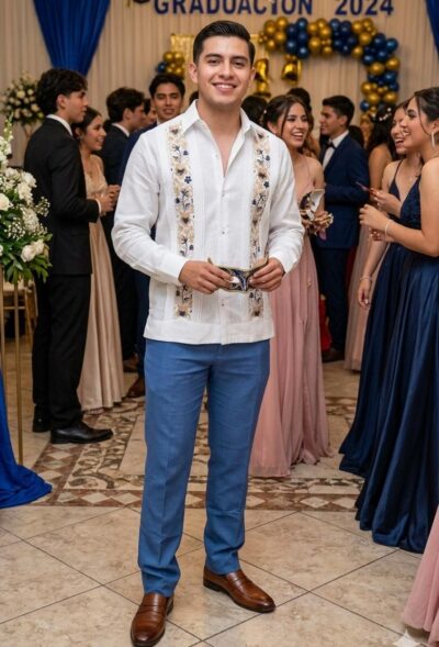 Esta camisa para hombre, estilo Guayabera o camisa de boda, es una prenda de vestir refinada y tradicional, ideal para ocasiones formales como bodas, graduaciones o celebraciones especiales. Confeccionada en un material que parece lino de alta calidad, ofrece una textura transpirable y elegante que proporciona comodidad sin perder el toque sofisticado. Detalles de Diseño: Bordado de Gala: El detalle más distintivo son las dos franjas verticales de bordado intrincado y detallado que recorren el frente de la camisa, a cada lado de la botonera. El diseño floral está realizado en hilos de color, creando un contraste rico y festivo. Aforzados Laterales: Para mantener la estética clásica de la guayabera, la camisa incluye aforzados (pliegues finos cosidos a mano) paralelos a los bordados, que añaden una textura sutil y elegante. Corte y Confección: Presenta un cuello cubano o cuello plano tradicional, sin abotonar el botón superior, ideal para un estilo "formal relajado". Las mangas son largas con puños sencillos. El corte es regular, ni demasiado ajustado ni muy holgado, para una silueta clásica.
