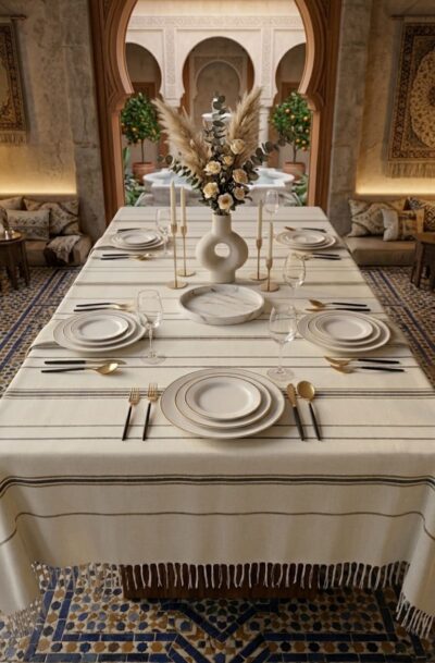 Dale a tu comedor una atmósfera de calidez, elegancia y sofisticación con nuestro mantel rectangular de estilo artesanal. Diseñado para quienes aprecian los detalles bien cuidados y las texturas naturales, esta pieza es el lienzo perfecto para transformar cualquier comida ordinaria en una experiencia memorable. Detalles de Diseño Patrón de Rayas Transversales: A diferencia de los textiles convencionales, en nuestras piezas rectangulares los patrones y las líneas decorativas están orientados para lucirse a lo ancho de la mesa. Esta disposición horizontal rompe de forma elegante con la longitud del mueble, aportando dinamismo visual y un toque de diseño único a tu espacio. Acabado de Flecos Artesanales: El borde inferior del mantel está rematado con flecos finos y delicados anudados a mano, aportando movimiento, textura y un aire rústico-elegante muy en tendencia. Características Clave del Producto Forma: Rectangular. Composición: Textil premium de fibras naturales (algodón de alta calidad suave al tacto y de gran durabilidad). Acabados: Flecos ornamentales en los extremos cortos y patrón de líneas horizontales continuas