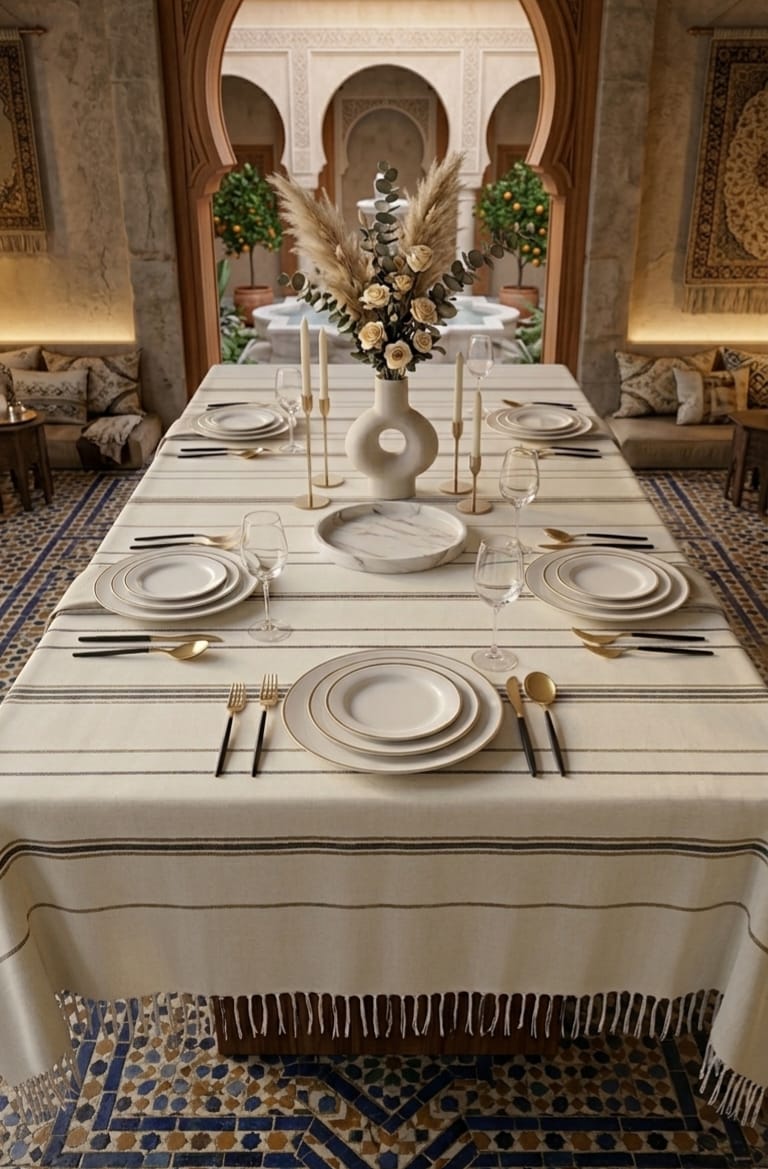 Mantel Dale a tu comedor una atmósfera de calidez, elegancia y sofisticación con nuestro mantel rectangular de estilo artesanal. Diseñado para quienes aprecian los detalles bien cuidados y las texturas naturales, esta pieza es el lienzo perfecto para transformar cualquier comida ordinaria en una experiencia memorable. Detalles de Diseño Patrón de Rayas Transversales: A diferencia de los textiles convencionales, en nuestras piezas rectangulares los patrones y las líneas decorativas están orientados para lucirse a lo ancho de la mesa. Esta disposición horizontal rompe de forma elegante con la longitud del mueble, aportando dinamismo visual y un toque de diseño único a tu espacio. Acabado de Flecos Artesanales: El borde inferior del mantel está rematado con flecos finos y delicados anudados a mano, aportando movimiento, textura y un aire rústico-elegante muy en tendencia. Características Clave del Producto Forma: Rectangular. Composición: Textil premium de fibras naturales (algodón de alta calidad suave al tacto y de gran durabilidad). Acabados: Flecos ornamentales en los extremos cortos y patrón de líneas horizontales continuas