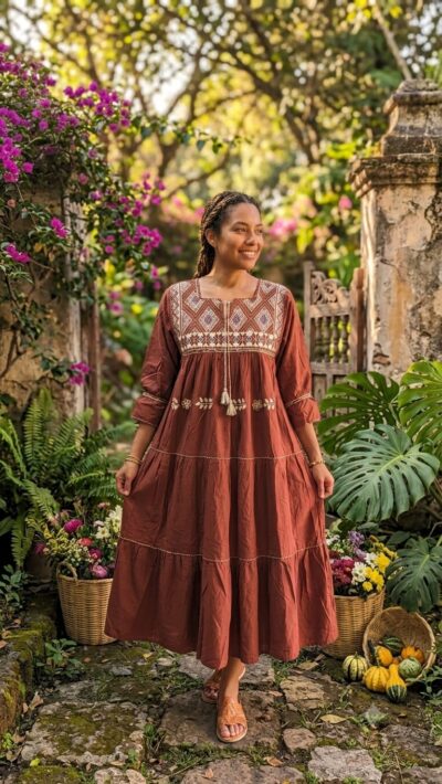 vestido maxi artesanal – bordado en telar de cintura