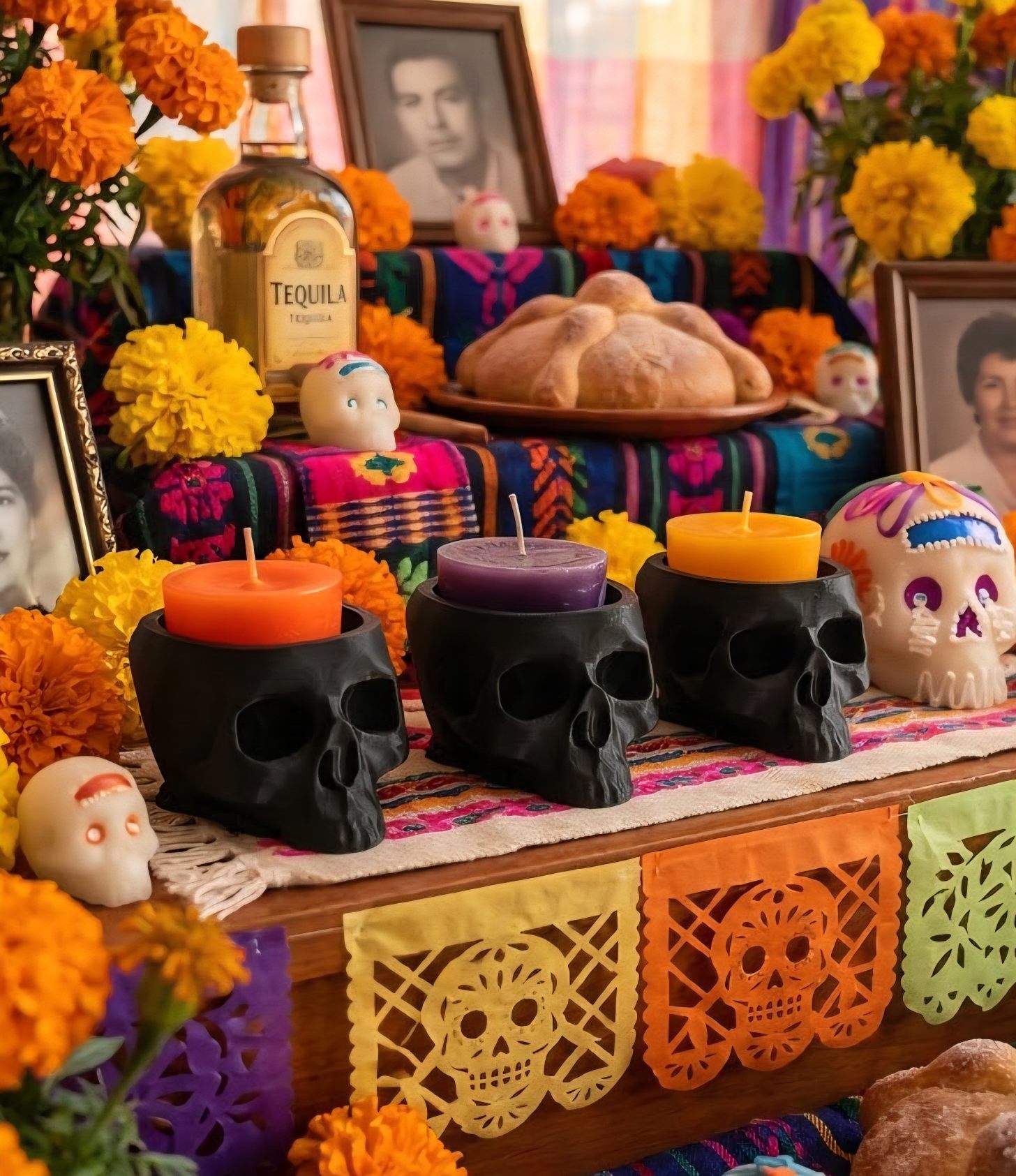Trio de portavelas negros de calavera sin pintar sobre altar tradicional de Día de Muertos con cempasúchil y papel picado. Imagen 2 (Calaveras negras pintadas): Trio de portavelas negros de calavera sin pintar sobre altar tradicional de Día de Muertos con cempasúchil y papel picado. Imagen 2 (Calaveras negras pintadas):