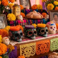 Portavelas de calavera negra decorados y pintados a mano con flores coloridas sobre ofrenda de Día de Muertos.