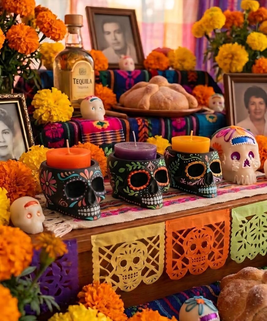 Envíos Globales, Calidad Garantizada Portavelas de calavera negra decorados y pintados a mano con flores coloridas sobre ofrenda de Día de Muertos.