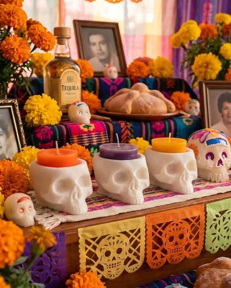 Portavelas de calavera blanca con pintura artesanal de flores y motivos de Día de Muertos en altar tradicional ortavelas de calavera blanca con pintura artesanal de flores y motivos de Día de Muertos en altar tradicional.