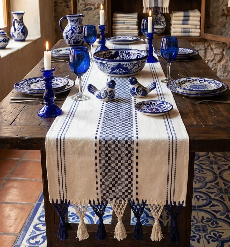 Envíos Globales, Calidad Garantizada Camino de mesa artesanal en telar de pedal de Oaxaca, de color base crema/blanco hueso con patrones geométricos y franjas en azul cobalto estilo Talavera. La pieza presenta terminaciones de flecos artesanales anudados a mano