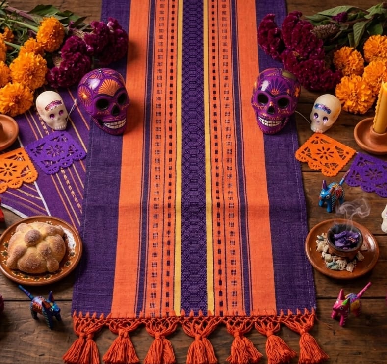 Camino de Mesa Artesanal – Edición Especial Día de Muertos "Camino de mesa artesanal oaxaqueño de telar de pedal para Día de Muertos. Textil morado con franjas naranjas y amarillas, y flecos decorativos, usado como base para un altar tradicional