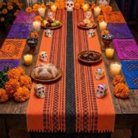 "Camino de mesa artesanal oaxaqueño de telar de pedal para Día de Muertos. Textil morado con franjas naranjas y amarillas, y flecos decorativos, usado como base para un altar tradicional