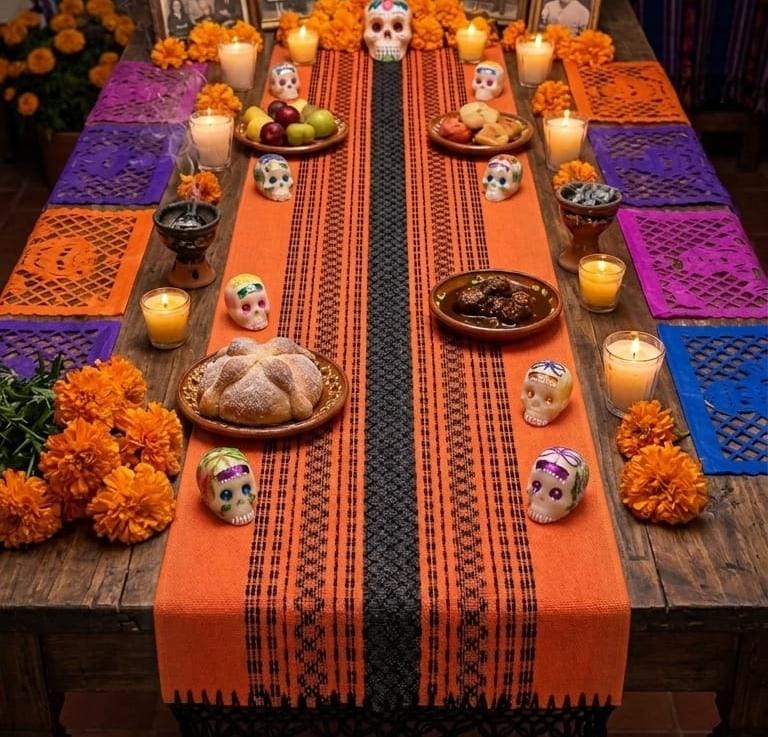 Camino de Mesa Artesanal – Edición Especial Día de Muertos "Camino de mesa artesanal oaxaqueño de telar de pedal para Día de Muertos. Textil morado con franjas naranjas y amarillas, y flecos decorativos, usado como base para un altar tradicional