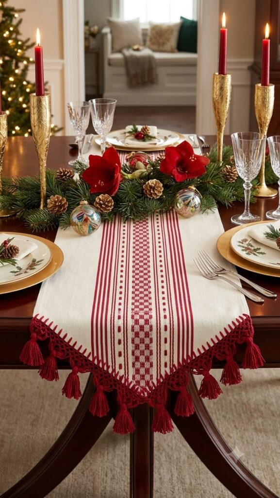 Haz que tus cenas navideñas sean inolvidables con una pieza que es puro arte mexicano. Nuestro camino de mesa está tejido a mano en Oaxaca utilizando telares de pedal tradicionales, lo que garantiza no solo una calidad excepcional, sino una historia de herencia y pasión en cada hilo.