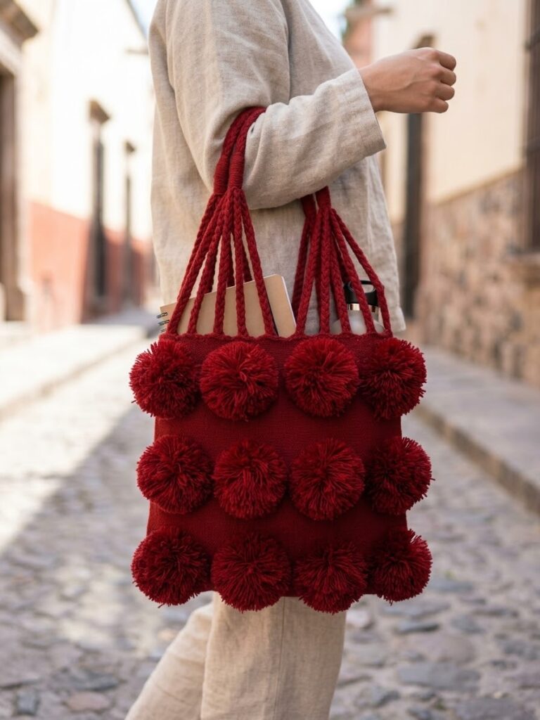 Bolsa tote artesanal tejida en telar de cintura con pompones de algodón.